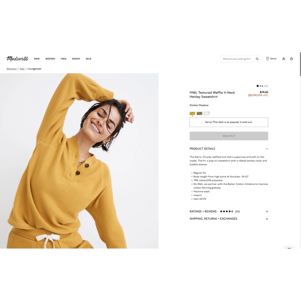 Madewell MWL Waffle Knit Henley Sweatshirt Women Small Gold Yellow Pullover
